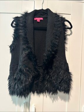 Lilly Pulitzer Black Faux Fur Trim Knit Vest